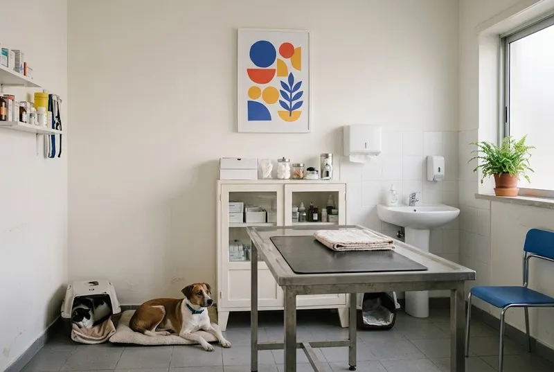 Um consultório pequeno e arrumado, com mesa de inox e um cartaz colorido na parede (ilustrativo)