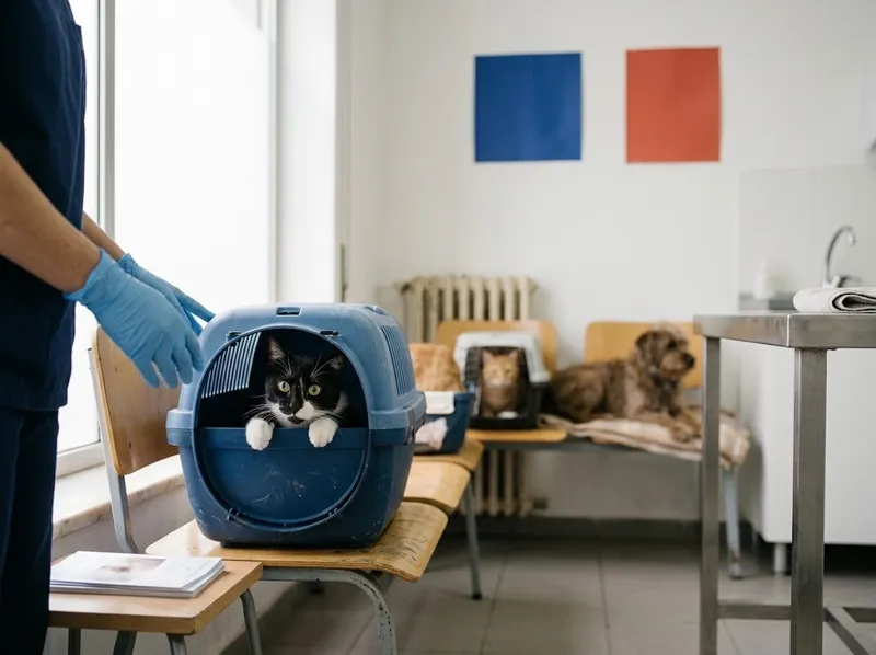 Um gato a espreitar da transportadora na sala de espera (ilustrativo)