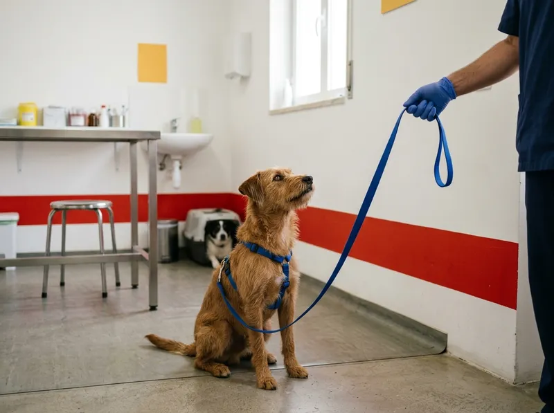 Um cão à espera, de trela, junto a uma parede colorida (ilustrativo)