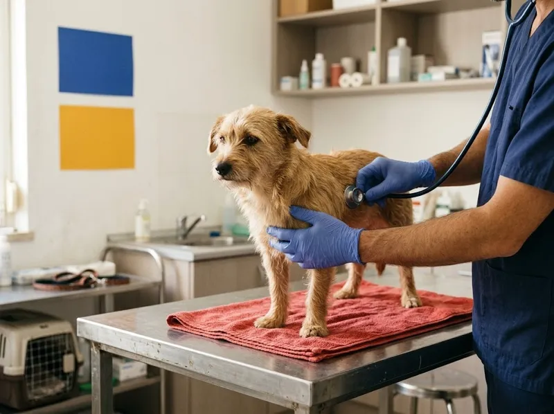 Um cão pequeno na mesa de consulta a ser auscultado (ilustrativo)